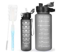 CodiCile 2 botellas de agua sin BPA, 2 l, 750 ml, con marcador de tiempo y pajita, botella de 2 litros para gimnasio con cepillo, gran marcador de tiempo motivador