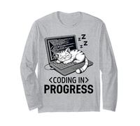 Codificación en progreso: programador relajado con un gato dormido Manga Larga