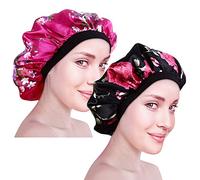 CODIRATO 2 PCS Gorro de Satén de Banda Ancha, Gorra de Dormir de Noche Suave Sombrero de Dormir para Mujeres y Chicas (Negro y Rojo Rosado)