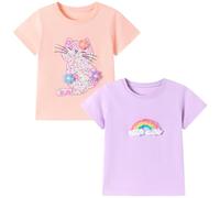 Codkkre Camisetas de Manga Corta para Niñas T-Shirts Algodón de Unicornio Ropa de Verano para Niña, Arcoíris Morado/Gato Naranja, 5 años