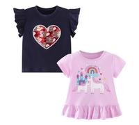 Codkkre Camisetas de Manga Corta para Niñas T-Shirts Algodón de Unicornio Ropa de Verano para Niña, Corazón Azul Oscuro/Unicornio Rosa, 7 años