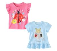 Codkkre Camisetas de Manga Corta para Niñas T-Shirts Algodón de Unicornio Ropa de Verano para Niña, Mariquita Roja/Niña Azul, 6 años