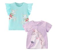 Codkkre Camisetas de Manga Corta para Niñas T-Shirts Algodón de Unicornio Ropa de Verano para Niña, Unicornio Verde/Unicornio Morado, 5 años