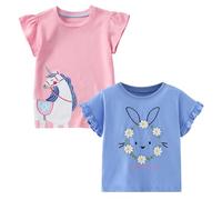 Codkkre Camisetas de Manga Corta para Niñas T-Shirts Algodón de Unicornio Ropa de Verano para Niña, Unicornio Rosa/Conejito Azul, 6 años