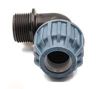 Codo de polipropileno con rosca macho para tubería PE 25mm x 1/2" - conector de compresión para agua potable, 16 bar, cert. DVGW/KIWA/WRAS