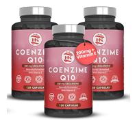 Coenzima Q10 200mg - 120 Caps (3 Botes) 100% Fermentación Natural, mejora la Energía y Salud Cardiovascular, Q10 Coenzima Ubiquinona aumenta la Función Muscular y Rendimiento Físico coq10 + Vitamina E