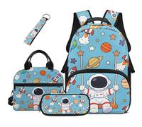 COEQINE 4 mochilas para niños con fiambrera, bolsa escolar para libros de primer grado con estuche grande para la escuela intermedia, Blue Rocket Space