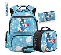 COEQINE 4 mochilas para niños con lonchera de 8 a 10 bolsas escolares con llaveros, estuche para lápices para viajes, Astronaut Rocket Azul Claro