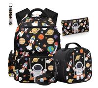 COEQINE 4 mochilas para niños con lonchera de 8 a 10 bolsas escolares con llaveros, estuche para lápices para viajes, Astronaut Rocket Colorido