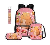 COEQINE 4 mochilas para niños con lonchera para libros, para la escuela, bonito estuche para lápices y mini llavero, mochila para laptop, Capybara Pink Burger Cute, M, Casual