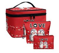 COEQINE Bolsa de maquillaje de 3 piezas para mujer, estuche de cosméticos de viaje de gran capacidad con asas, impermeable, juego de bolsas de cosméticos para viajes, Bonito pingüino, Neceser