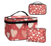 COEQINE Bolsa de maquillaje rosa de doble capa para mujer, 3 piezas, estuche grande para brochas de maquillaje, mini monedero, regalo de San Valentín para ella, Corazón rojo encantador, Neceser