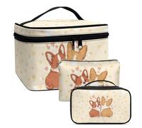 COEQINE Bolsas de maquillaje de San Valentín para mujer, paquete de 3 bolsas de cosméticos rosas con doble capa, estuche de piel para aseo de San Valentín, Kawaii Corgi Dogs Valentine, Neceser