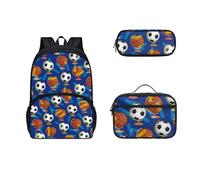 COEQINE Bolsas de moda para niños de 6 a 10 años, 3 piezas, bolsa de libros para adolescentes, lonchera aislada, estuche grande con bola de fuego 3D, Funny Globe Soccer Baloncesto Azul