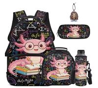 COEQINE Bonita mochila de ajolote para niños, mochila escolar con bolsa de almuerzo, funda para botella de agua, estuche para lápices, llavero para estudiantes, Axolotl - Libro de matemáticas negro