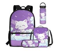 COEQINE Bonita mochila para niñas con lonchera y botella de agua, juego de 4 bolsas de viaje ligeras para niños de 4, 6, 8, Purple Cat Moon Boba Milk
