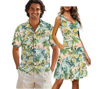 COEQINE Camisas a juego para él y ella, vestido formal sin mangas con estampado floral de hojas bohemias, con bolsillos y camisa suave con botones para vacaciones, disfraz de luna de miel, XS-4XL