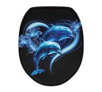 COEQINE Funda alargada para asiento de inodoro de baño con diseño de delfín, tela suave, diseño de corazón de neón, lindo animal marino, color negro, fácil de instalar, para mujeres y hombres