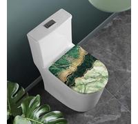 COEQINE Funda para tapa de inodoro de color verde, 1 pieza, diseño de mármol verde oscuro y dorado, ovalada, alargada, ligera, lavable, para decoración de baño