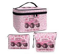 COEQINE Juego de 3 bolsas de maquillaje con asas de gran capacidad para mujer, portátil, de piel, impermeable, monedero, Estampado de leopardo de camión rosa, Neceser