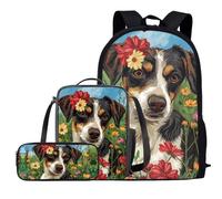 COEQINE Juego de 3 mochilas para niños incluidas, bolsa de almuerzo, estuche para lápices, mochila escolar, mochila casual, mochila de viaje al aire libre, Beagles Floral, Talla única