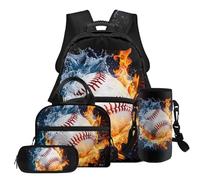 COEQINE Juego de 4 bolsas para libros para niños con funda para botella de agua, juego de mochila para niños con fiambrera, bolsa escolar para niños de 6, 8, 10, Patrón de fuego de béisbol