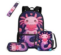 COEQINE Juego de 4 mochilas con lonchera para niños, mochila para laptop de primaria para la escuela con estuche para lápices, llavero portátil, Axolotl - Corazón rosa estrellado, M, Diseñador