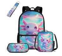 COEQINE Juego de 4 mochilas con lonchera para niños, mochila para laptop de primaria para la escuela con estuche para lápices, llavero portátil, Axolotl azul claro Ocean Starry, M, Diseñador