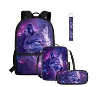 COEQINE Juego de 4 mochilas para niños pequeños con fiambrera, bolsas escolares de lobo para niños preescolares, llavero portátil para bolígrafos, mochila de día, Wolf Purple Galaxy Cosmic Sky, M