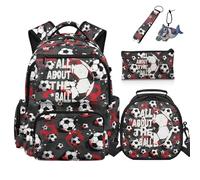 COEQINE Juego de mochila de coche de 5 piezas con lonchera para niños, juego de mochila escolar de primer grado con estuche y llavero, Soccer Black Red All About the Ball, M, Diseñador