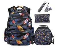 COEQINE Juego de mochila de coche de 5 piezas con lonchera para niños, juego de mochila escolar de primer grado con estuche y llavero, Rocket Space Blue Camo, M, Diseñador