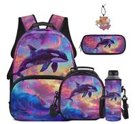 COEQINE Juego de mochila escolar para niñas, mochila escolar para primaria de 1 a 3 grados, estuche para lápices, llavero y funda para botella de agua, Colorida Orca Ocean