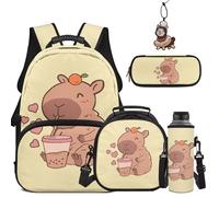 COEQINE Juego de mochila escolar y lonchera para niñas de 6 a 14 años, estuche para lápices a juego, soporte para botella de agua, llavero, juego de 5 bolsas para libros, Capybara Beige Boba Tea