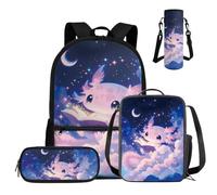 COEQINE Juego de mochila para niños de 3er a 4º grado, 4 unidades, mochila escolar con fiambrera, estuche para lápices y funda para botella de agua, Axolotl Studing Purple Moon Cloud Starry, M