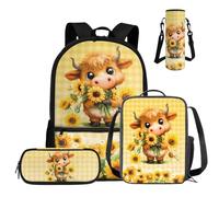 COEQINE Juego de mochila para niños de 3er a 4º grado, 4 unidades, mochila escolar con fiambrera, estuche para lápices y funda para botella de agua, Highland Cow Beige Girasol, M, Casual