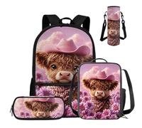COEQINE Juego de mochila para niños de 3er a 4º grado, 4 unidades, mochila escolar con fiambrera, estuche para lápices y funda para botella de agua, Highland Cow - Sombrero de vaquero rosa floral, M