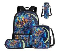 COEQINE Juego de mochila para niños de 3er a 4º grado, 4 unidades, mochila escolar con fiambrera, estuche para lápices y funda para botella de agua, Lady Floral Moon Dark Blue Art, M, Casual