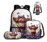 COEQINE Juego de mochila para niños de 3er a 4º grado, 4 unidades, mochila escolar con fiambrera, estuche para lápices y funda para botella de agua, Highland Cow Purple Bow Floral, M, Diseñador