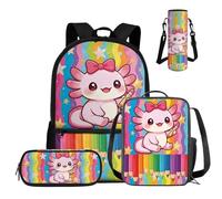 COEQINE Juego de mochila para niños de 3er a 4º grado, 4 unidades, mochila escolar con fiambrera, estuche para lápices y funda para botella de agua, Axolotl Rainbow - Bolígrafo a rayas, M, Casual