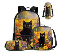 COEQINE Juego de mochila para niños de 3er a 4º grado, 4 unidades, mochila escolar con fiambrera, estuche para lápices y funda para botella de agua, Black Cat Black Orange Wildflower, M, Diseñador