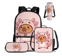 COEQINE Juego de mochila para niños de 3er a 4º grado, 4 unidades, mochila escolar con fiambrera, estuche para lápices y funda para botella de agua, Disfraz de ajolote rosa Capybara, M, Diseñador