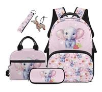 COEQINE Juego de mochila para niños de primaria 3 a 6 con bolsa de almuerzo insualtada, bolsa de bolígrafos, bolsa de libros, llaveros, Elefante rosa fresa