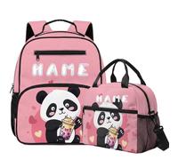 COEQINE Juego de mochila y lonchera para niños pequeños con nombre personalizado, bolsa escolar para bolsa de pañales preescolar, Panda Pink Boba Tea Cute, M, Diseñador