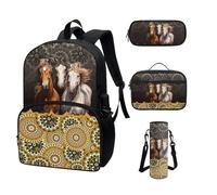 COEQINE Kawaii - Mochila para la escuela, 4 piezas, para adolescentes, niñas, con bolsillo para botella de agua, lonchera, estuche para lápices, Mandala de caballo, bohemio, floral, dorado