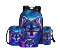 COEQINE Mochila 4 en 1 con diseño de lobo para niñas de 4, 6, 8, 10, 12 años, para la escuela primaria, bolsa de almuerzo, caja de lápices, soporte para botellas, correa, Galaxy Cyberpunk Wolf