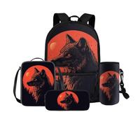 COEQINE Mochila 4 en 1 con diseño de lobo para niñas de 4, 6, 8, 10, 12 años, para la escuela primaria, bolsa de almuerzo, caja de lápices, soporte para botellas, correa, Red Moon Wolf Cool