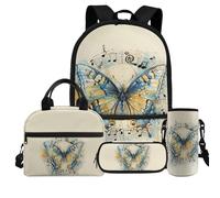 COEQINE Mochila 4 en 1 para niños y niñas con lonchera y funda para botella de agua 4, 6, 8, 10, juego de mochila preescolar para niños y senderismo, Blue Gold Butterfly Music Note