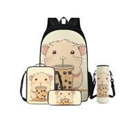 COEQINE Mochila Boba beige de dibujos animados para niñas con fiambrera, regalos para profesores de escuela secundaria, bolsa de libros preescolar, bolsa de libros para niños pequeños con correa para