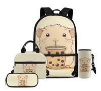COEQINE Mochila de 4 piezas para niñas con lonchera y botella de agua para niños de 4, 6, 8, 10, para la escuela secundaria, para viajes, senderismo, Capybara Boba - Té con leche