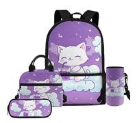 COEQINE Mochila de 4 piezas para niñas con lonchera y botella de agua para niños de 4, 6, 8, 10, para la escuela secundaria, para viajes, senderismo, Té con leche Boba de gato blanco y morado
